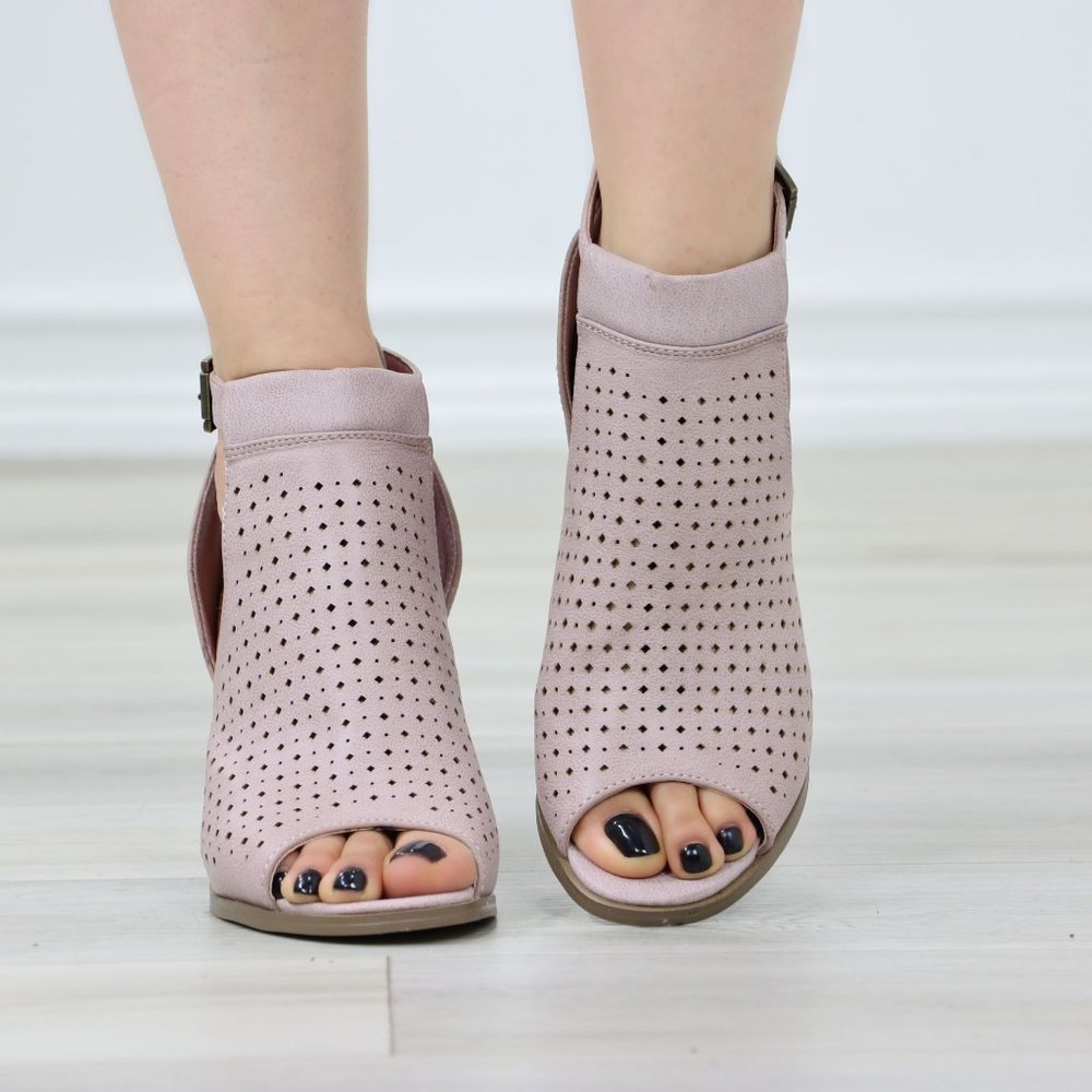 Peep Toe Mauve Faux Leather Heeled Ankle Booties - Picture 8 of 11